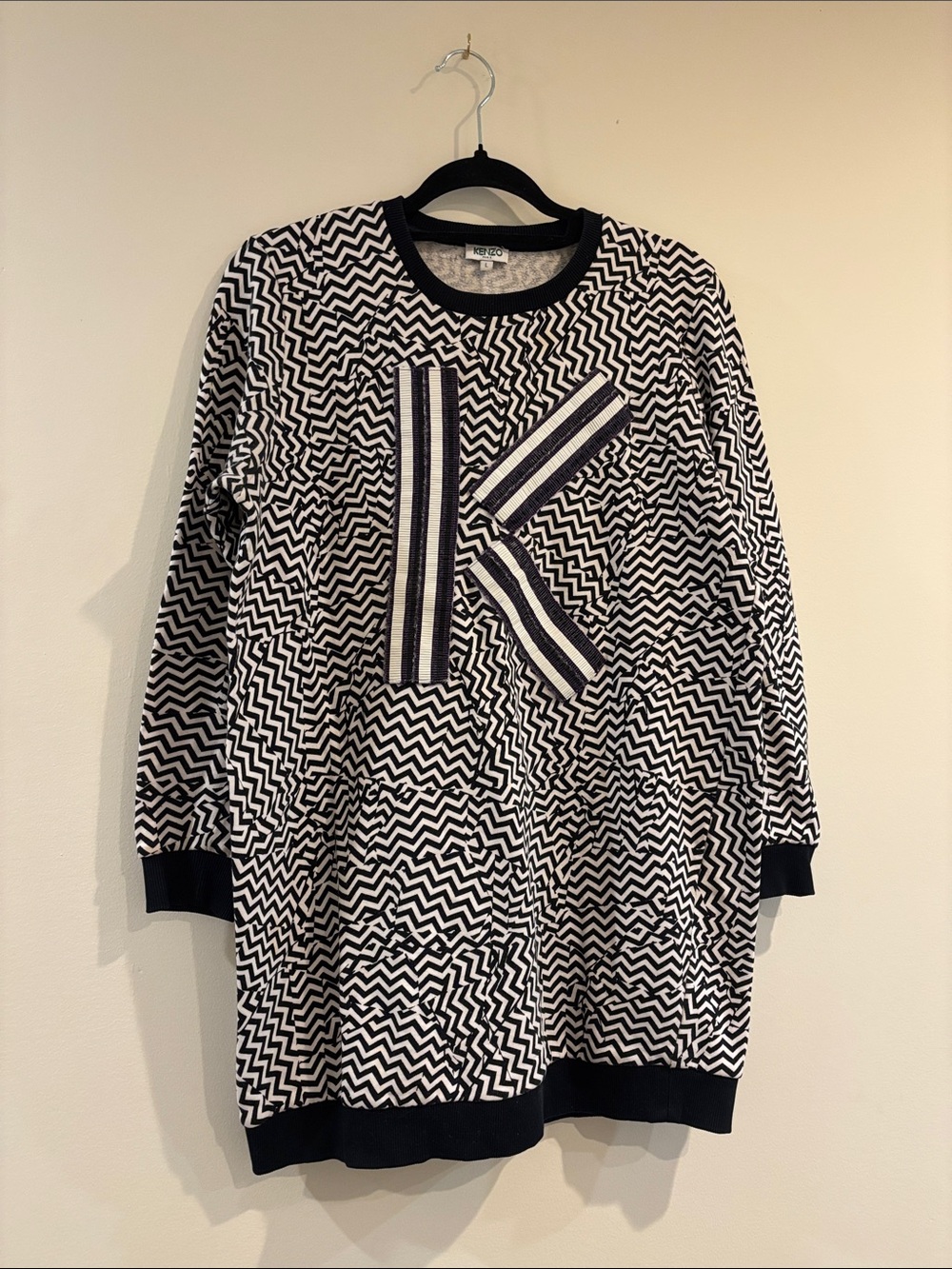 Kenzo Black and White Zigzag Midi Dress with K Logo